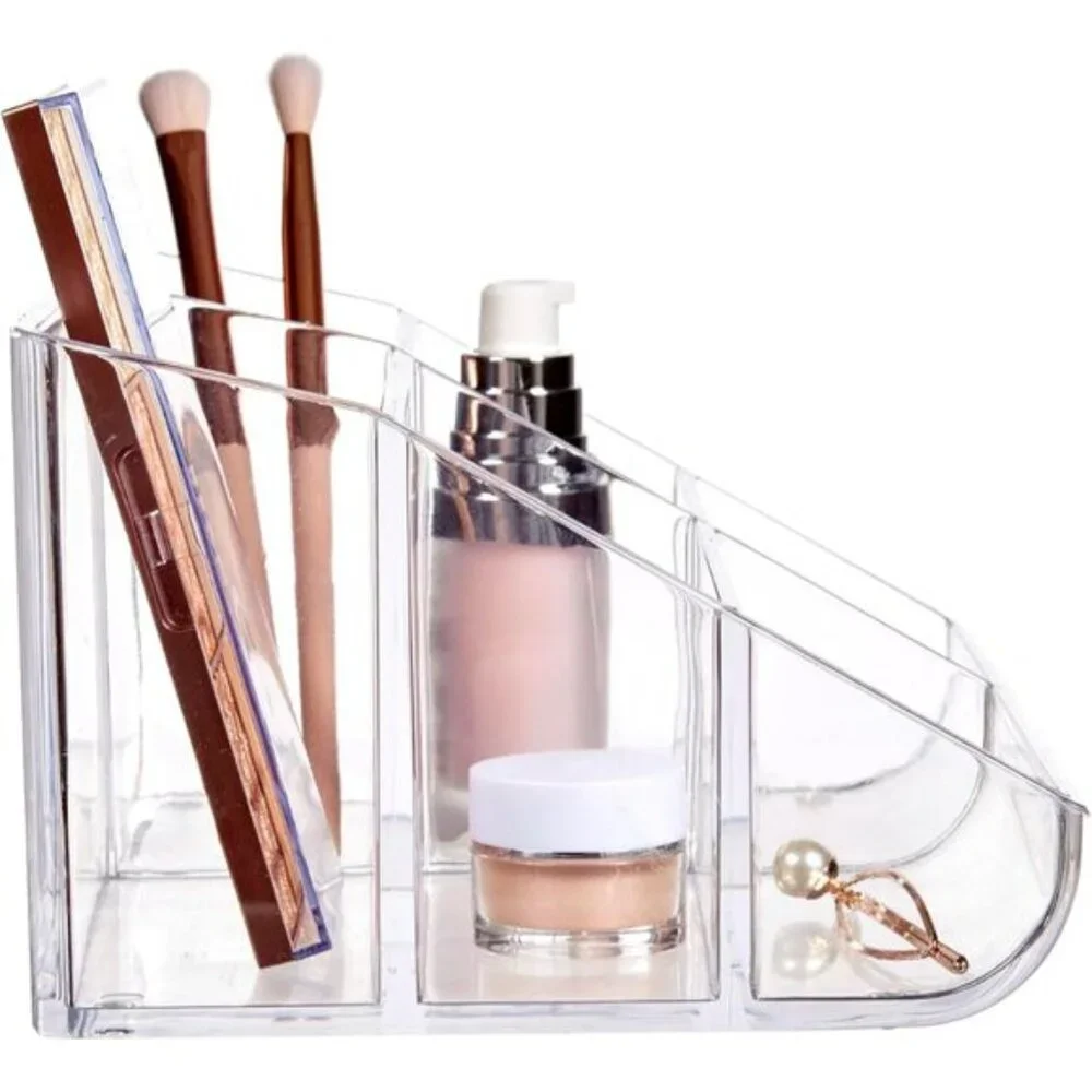 Clear Plastic Makeup Organizer, 6-Compartment Vanity Holder with Curved Front